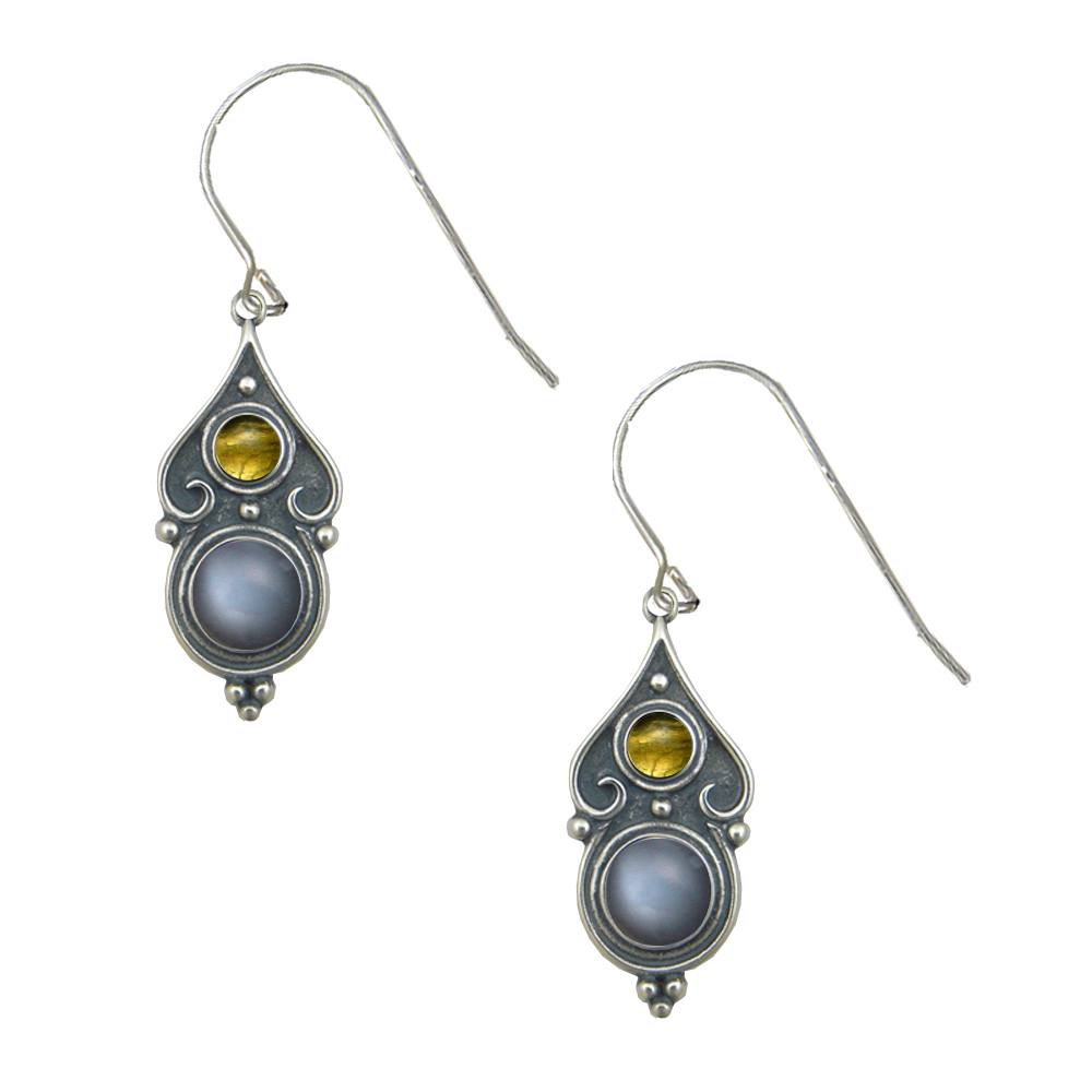 Sterling Silver Designer Post Stud Earrings With Grey Moonstone And Citrine